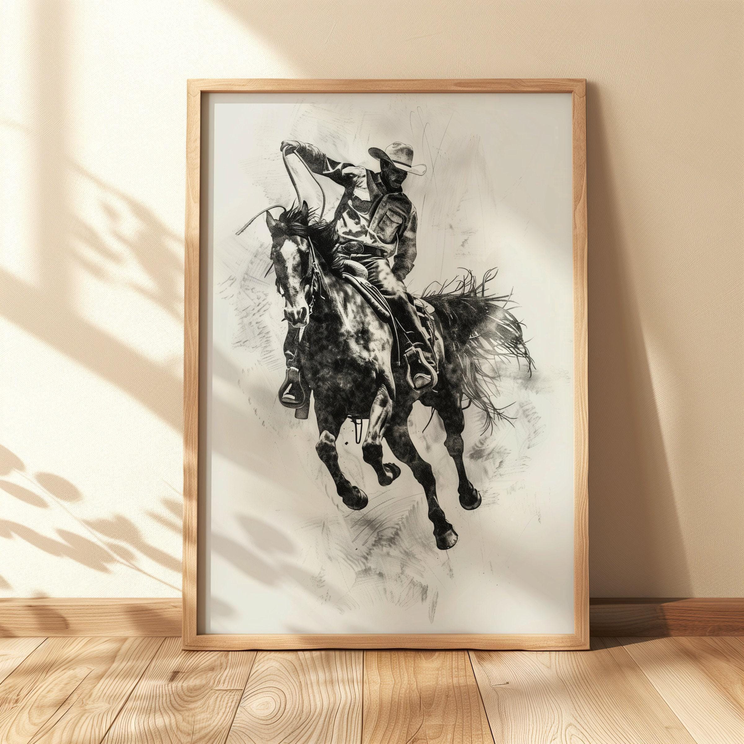 ロデオカウボーイスケッチウォールアート、跳ねる馬の絵、ウエスタン