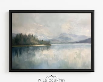 Framed Canvas Calm Lake Painting Nature Scenery Montana Lake Landscape Artwork Neutral Painting for Living Room Lake Blue Art Home Decor
