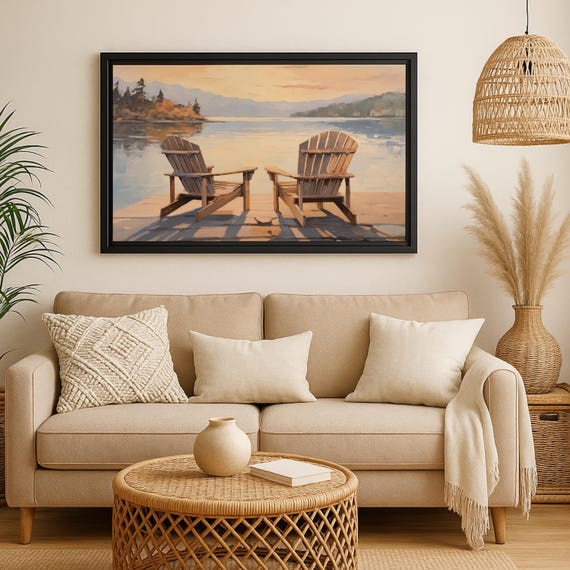Framed Sunset Canvas Art: Adirondack Chairs Mountain Lake Dock