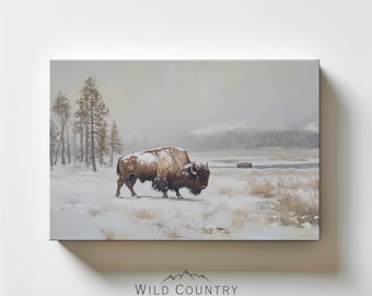 Vintage Buffalo Snow Canvas, Winter Landscape Wall Art, Western Bison Decor, Wildlife Wall Art, American Bison Painting Print on Canvas