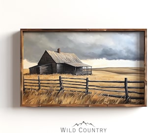 Donkere oude schuur posterprint, vintage houten schuur olieverfschilderij, donkere herfst platteland print, boerderij kunst aan de muur, decor rustieke ranch Home