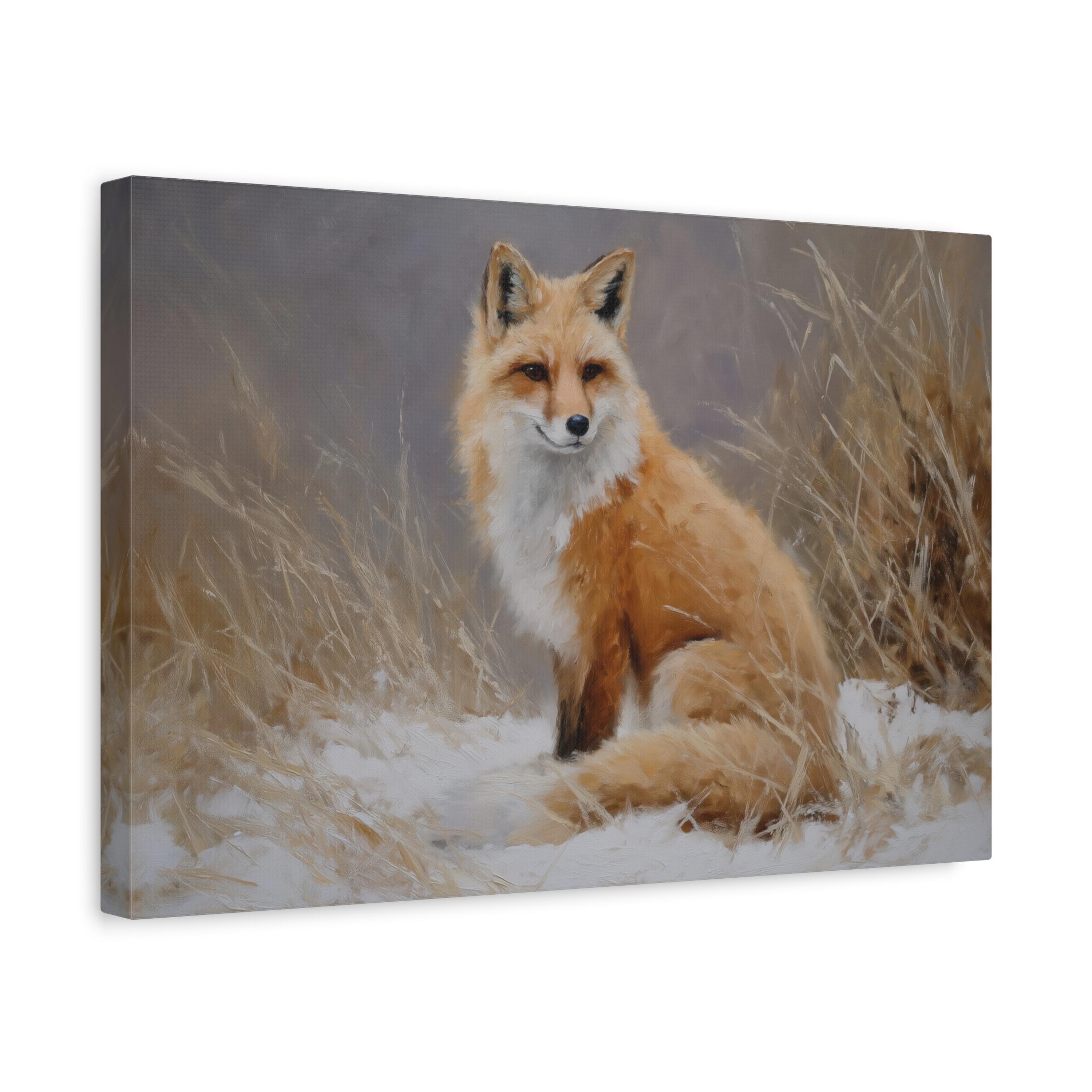Vintage Red Fox Canvas, Snowing Winter Landscape, Forest Wall Art