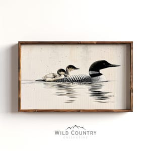 May include: A rectangular framed wall art print featuring a black and white illustration of a loon with two chicks swimming on water. The print has a cream background with subtle speckles and the text Wild Country Collective at the bottom.