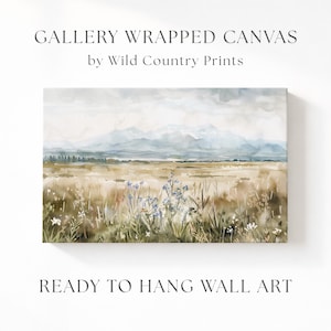 Neutral Mountain Meadow Watercolor Painting on Canvas Japandi Prairie Landscape Wall Art for Modern Farmhouse Living Room Bedroom