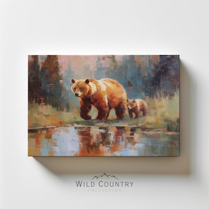 Mama Bear Painting Bright Color Canvas Bear Wall Art Woodland Cabin Wildlife Wall Art Bear Cub Nursery Decor Gift for New Mom Nature Print