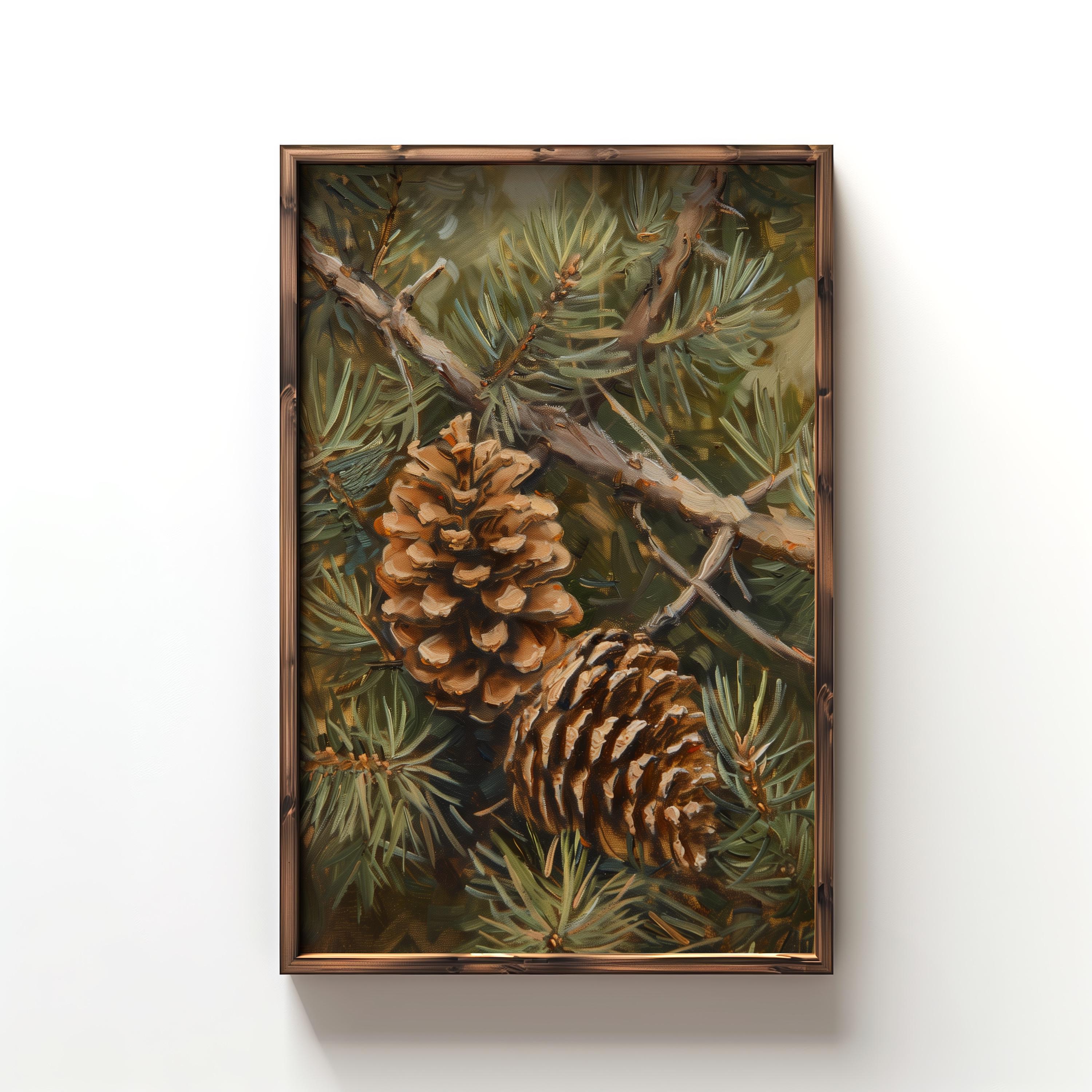 抽象的な油彩画 松ぼっくり ヴィンテージの松ぼっくりアートプリント、松の木の油絵、森の小屋の