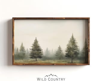 Muted Pine Trees Painting, Evergreen Tree Wall Art, Rustic Forest Painting, Vintage Pine Tree Print, Woodland Wall Art, Antique Cabin Decor
