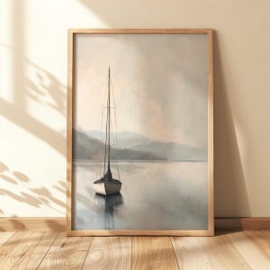 a painting of a sailboat floating on a lake