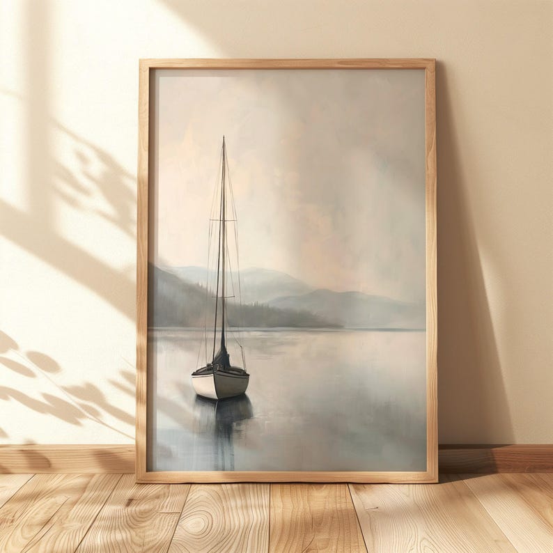 a painting of a sailboat floating on a lake