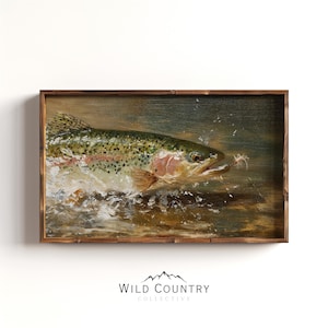 Impression d'art de pêche à la mouche, peinture de truite, décoration murale pour homme des cavernes, peinture de poisson des cavernes, art mural vintage, cadeau de pêche à la mouche pour homme, chambre d'homme, art de chambre d'enfant