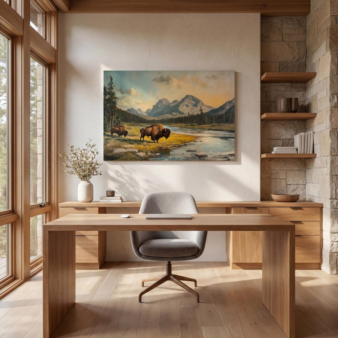 Yellowstone Art Print Bison Painting Canvas Western Wall Art Vintage ...