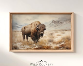 Printable American Bison Painting, Buffalo Painting, Country Western Decor, Mountain Landscape Art, Wildlife Wall Art, Vintage Buffalo Print