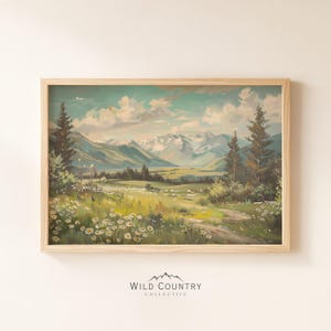 Weicher Sommerwald Kunstdruck, Wiese Wildblumen Malerei, Sommerlandschaft Landschaft Druck, Berg Ölgemälde, Vintage Natur Wandkunst
