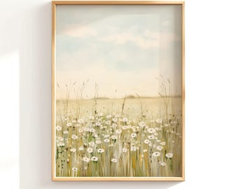 Calm Wildflower Art Print Green Nature Painting Flower Wall Art Neutral Print Entryway Floral Painting Farmhouse Wall Decor Flower White Art