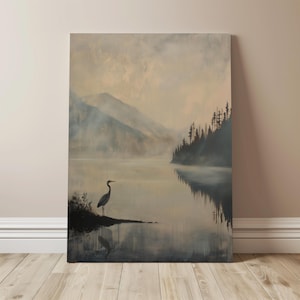 Great Blue Heron Art Print, Dark Vintage Art Print, Rustic Cabin Decor, Muted Lake Painting, Rustic Mountain Wall Art, Heron Bird Painting imagen 17