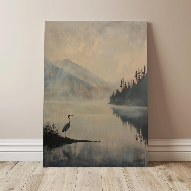 Great Blue Heron Art Print, Dark Vintage Art Print, Rustic Cabin Decor, Muted Lake Painting, Rustic Mountain Wall Art, Heron Bird Painting imagen 17