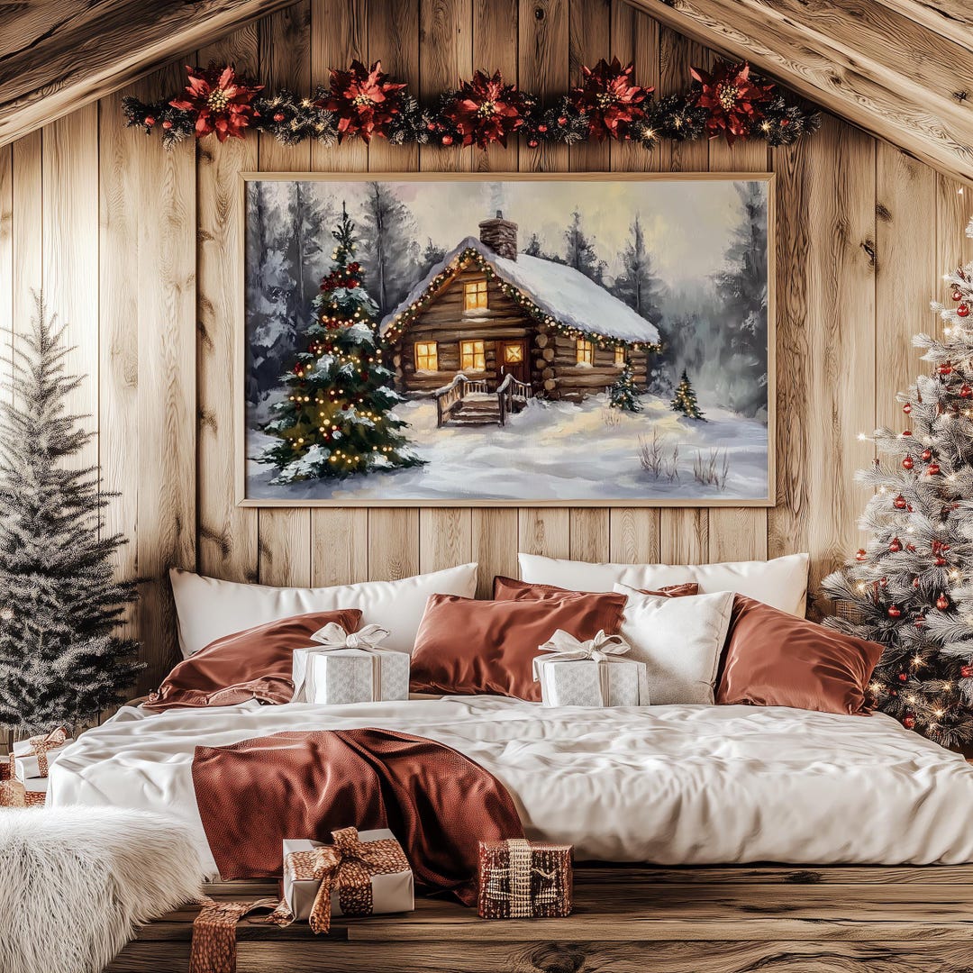 Printable Winter Wonderland Cabin Art, Vintage Wall Art, Log Cabin ...