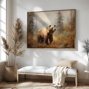a painting of a brown bear in a forest