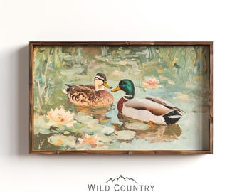Love Birds Mallard Ducks Oil Painting, Gift for Couples, Vintage Duck Print, Farmhouse Decor, His & Hers Gift, Mallard Duck Nursery Wall Art