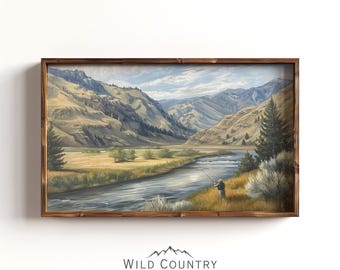 Printable Fishing Oil Painting, Montana Wall Art, Vintage Fishing Art Print, River Runs Through It, Boys Bedroom Print, Fisherman Decor Gift