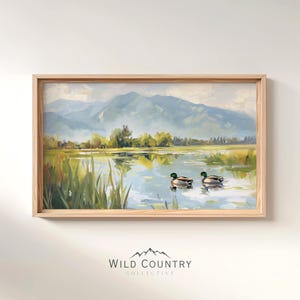 Afdrukbare retro wilde eend schilderij vijver, jongens slaapkamer decor, vintage eend olieverfschilderij, landschap print, eend kinderkamer kunst aan de muur print
