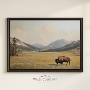 Framed Bison Canvas Wall Art Yellowstone Landscape Print Vintage Lodge Decor Rustic Western Office Wall Art Gift for Bison Lover Western