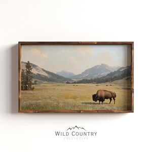 Muted Bison in Yellowstone Painting Moody Mountain Wall Art Rustic Farmhouse Wall Decor Gift for Bison Lover Western Wildlife Wall Decor