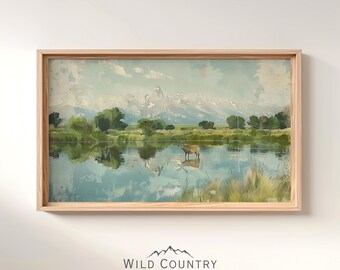 印刷可能なアンティークの鹿の油絵、ヴィンテージの湖の絵、鹿の風景画