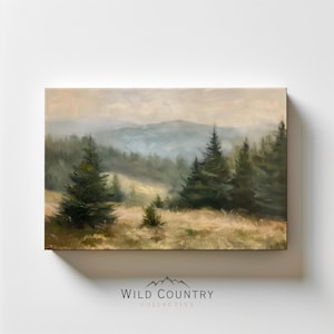 Vintage Forest Canvas, Pine Tree Wall Art, Evergreen Pine Tree Painting, Rustic Forest Landscape Art, Rolling Mountains Print, Cabin Decor