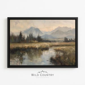 Framed Moody Mountain Marsh Print Canvas Neutral Wetland Reflection Landscape Wall Art for Cabin Living Room Lodge or Rustic Artwork Glacier