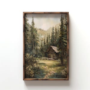 Rustikaler Blockhaus Art Print, Kiefernwald Wandkunst, Blockhütte im Wald Print, Woodland Art Print, immergrüner Wald Print, Blockhausdekor