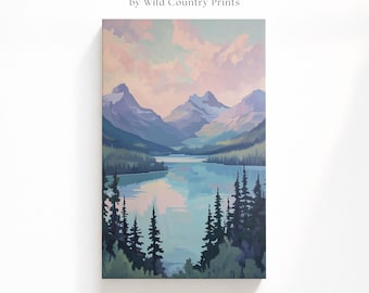 Glacier National Park Mountain Lake at Sunset Print on Canvas for National Park Lovers Who Want Alpine Nature Art in Their Home or Cabin