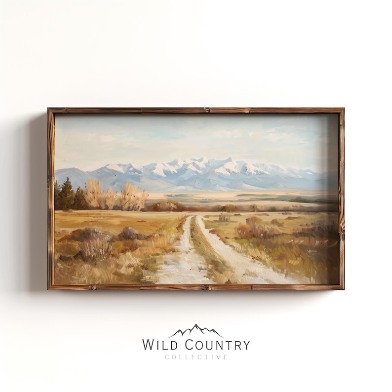 a painting of a dirt road with mountains in the background