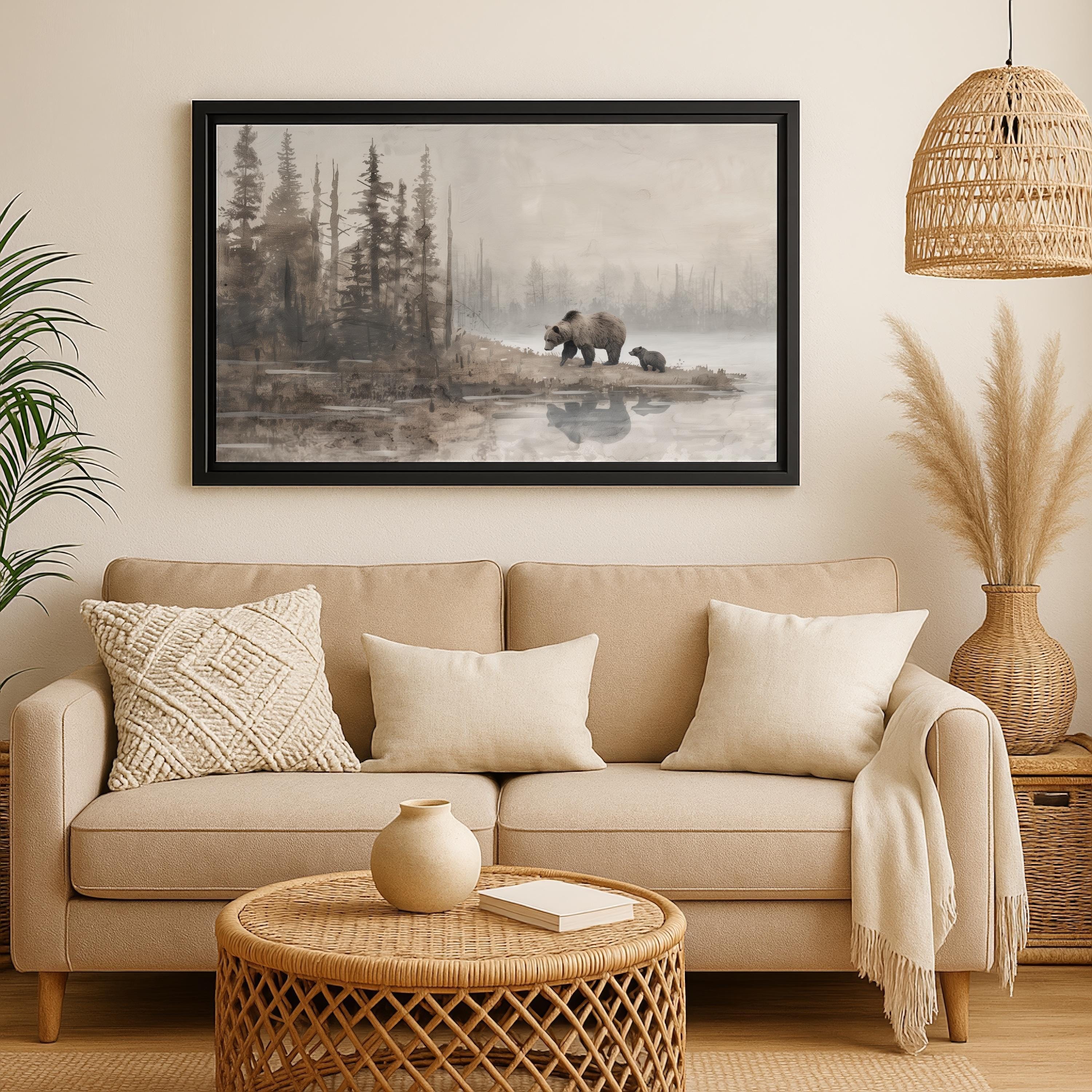 Framed Grizzly Cub Art Brown Bear Print Canvas Mama Bear Painting
