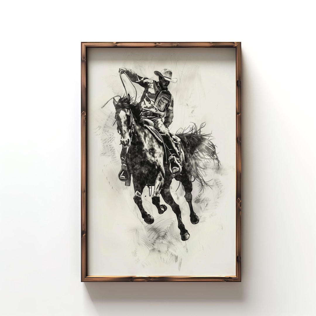 ロデオカウボーイのスケッチウォールアート、暴れ馬の絵、ウエスタン