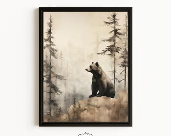 Encadré toile d'ours noir, art mural de cabane, peinture d'ours, impression de chambre d'enfant, art de la forêt, décoration vintage de la faune, peinture rustique de nature sauvage