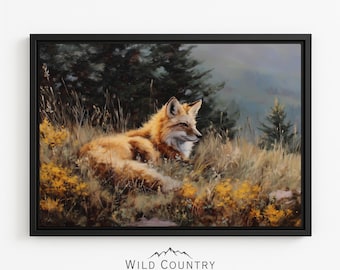 Framed Fox Wall Art Canvas Forest Painting Red Fox Print Framed Art Woodland Nursery Wall Decor Wildlife Artwork Forest Landscape Vintage