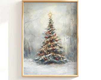 Printable Vintage Christmas Tree Art, Christmas Decor, Winter Forest Painting, Winter Wall Art, Moody Holiday Decor, Snowy Pine Tree Art