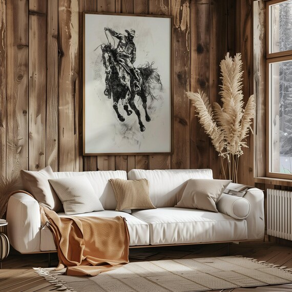 貴重！70's アメリカアンティーク　ウエスタン作品壁掛け　馬カウボーイ雑貨 ロデオカウボーイスケッチウォールアート、跳ねる馬の絵