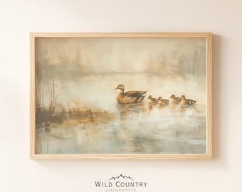 Mama Mallard Duck Oil Painting, Vintage Woodland Animal Wall Art, Four Little Ducklings Oil Painting, Bird Hunter Gift, Nursery Art Print