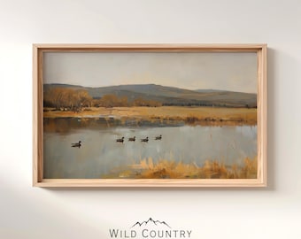 Printable Moody Wetlands Wall Art, Bird Hunter Gift, Antique Mallard Duck Pond Painting, Vintage Duck Oil Painting, Countryside Art Print