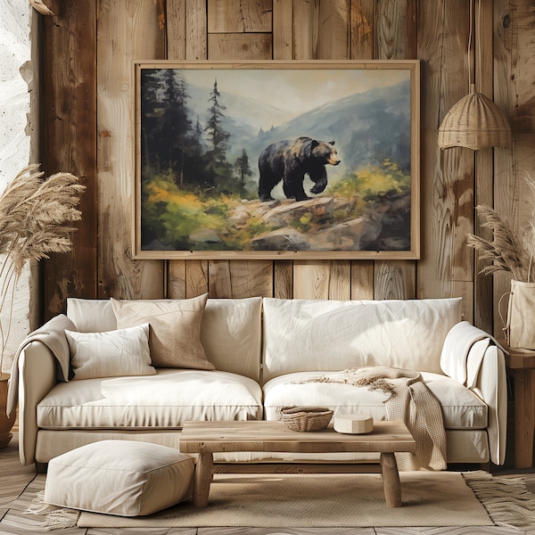 Rustic Black Bear Oil Painting, Woodland Animal Wall Art, Vintage Forest Wall Art, Rugged Cabin Decor, Rustic Bear Poster Print, Lodge Decor