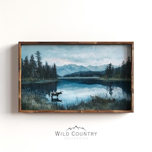 Rustikales Ölgemälde, Cabin Wandkunst, Wald Hirsch Poster, Vintage See Kunst, Hirsch Landschaftsmalerei, Manneshöhle Jagd Dekor