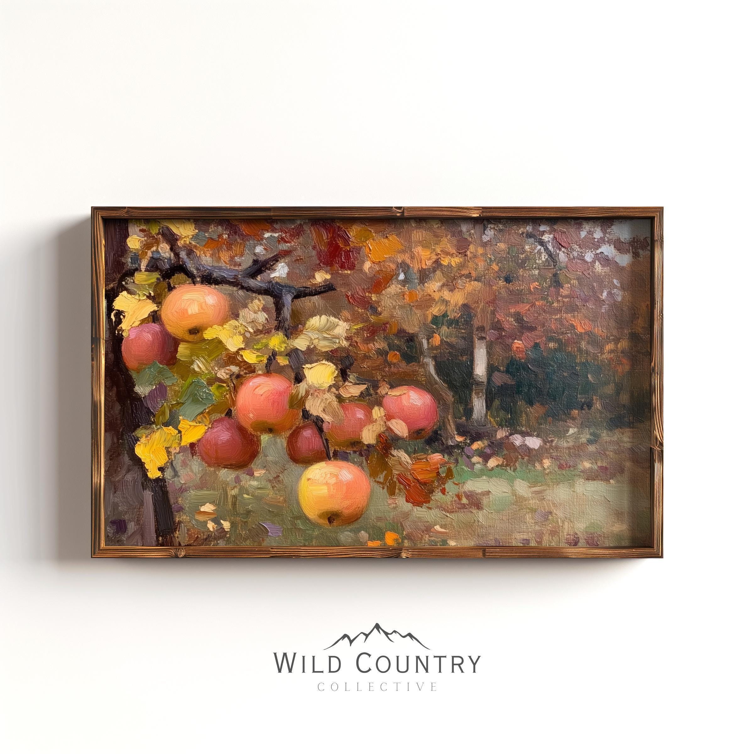 リンゴ園の風景画アートプリント、秋の風景画ウォールアート