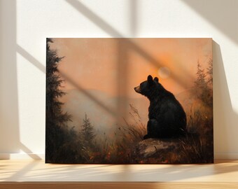 Adorable Black Bear Canvas, Sunset Sky Painting, Bear Cub Painting