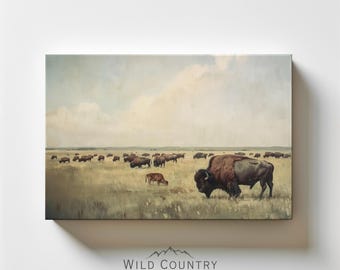 Vintage Bison Canvas, American Buffalo Painting Print on Canvas, Mountain Landscape, Western Bison Decor, Western Wall Art, Wildlife Art
