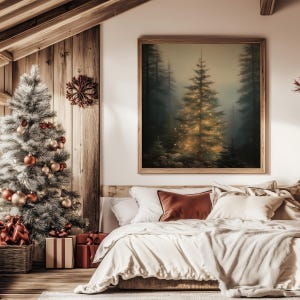 Printable Moody Christmas Tree Painting, Vintage Holiday Wall Art, Dark Forest Painting, Christmas Decor, Dark Festive Print, Pine Tree Art