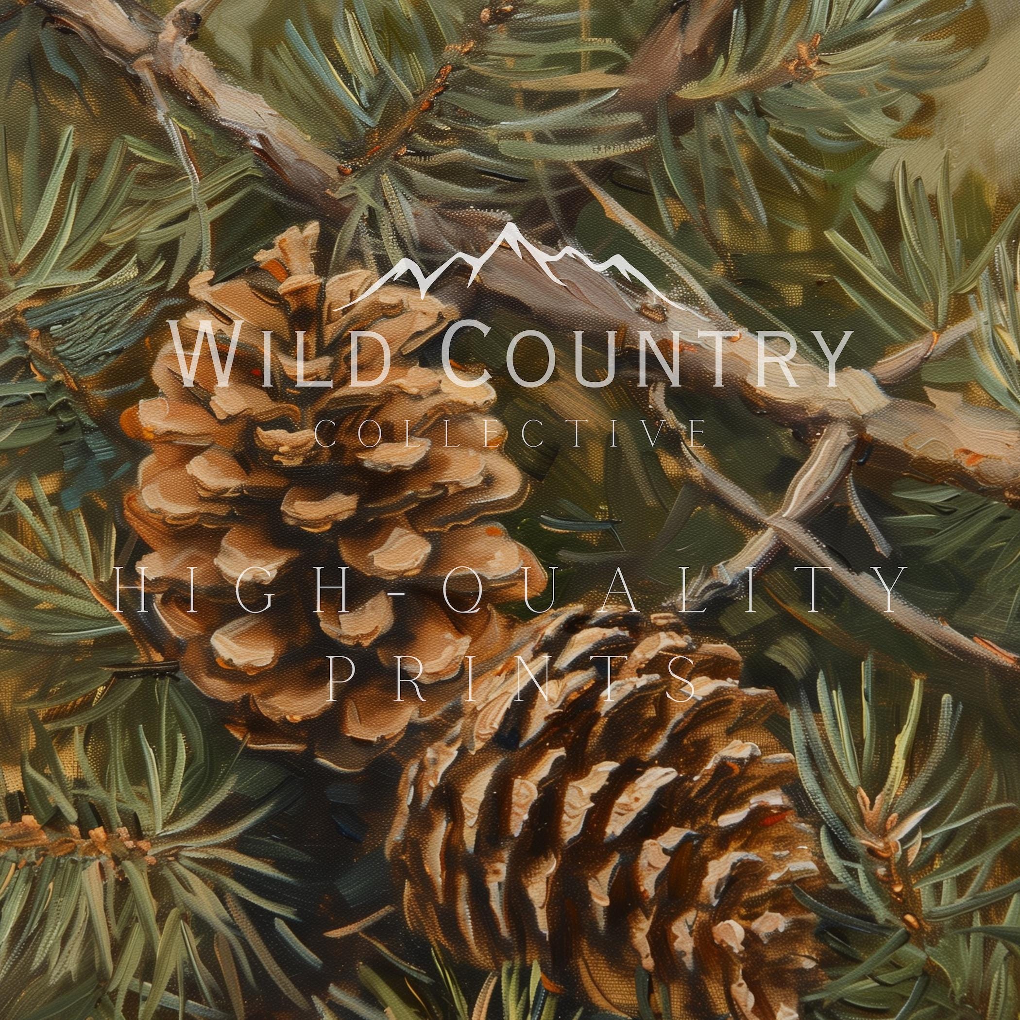 ヴィンテージの松ぼっくりアートプリント、松の木の油絵、森の小屋の