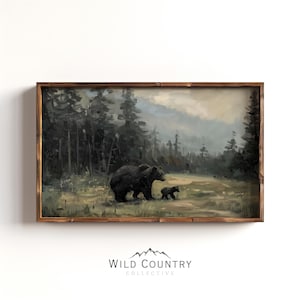 Vintage Mama Bear Oil Painting, Black Bear Nursery Wall Art, Bear Cub Print, Woodland Nursery Decor, New Mom Baby Gift, Kids Room Wall Art