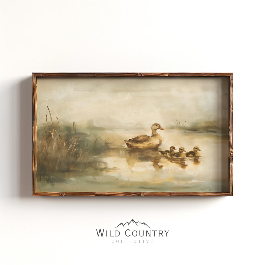 Mama Mallard Duck Pond Poster, Countryside Print, Vintage Duck Oil